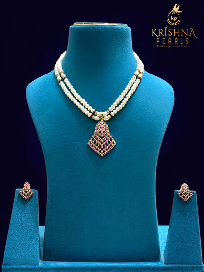 Traditional Rubies Studded Two Layers Pearls Necklace Set