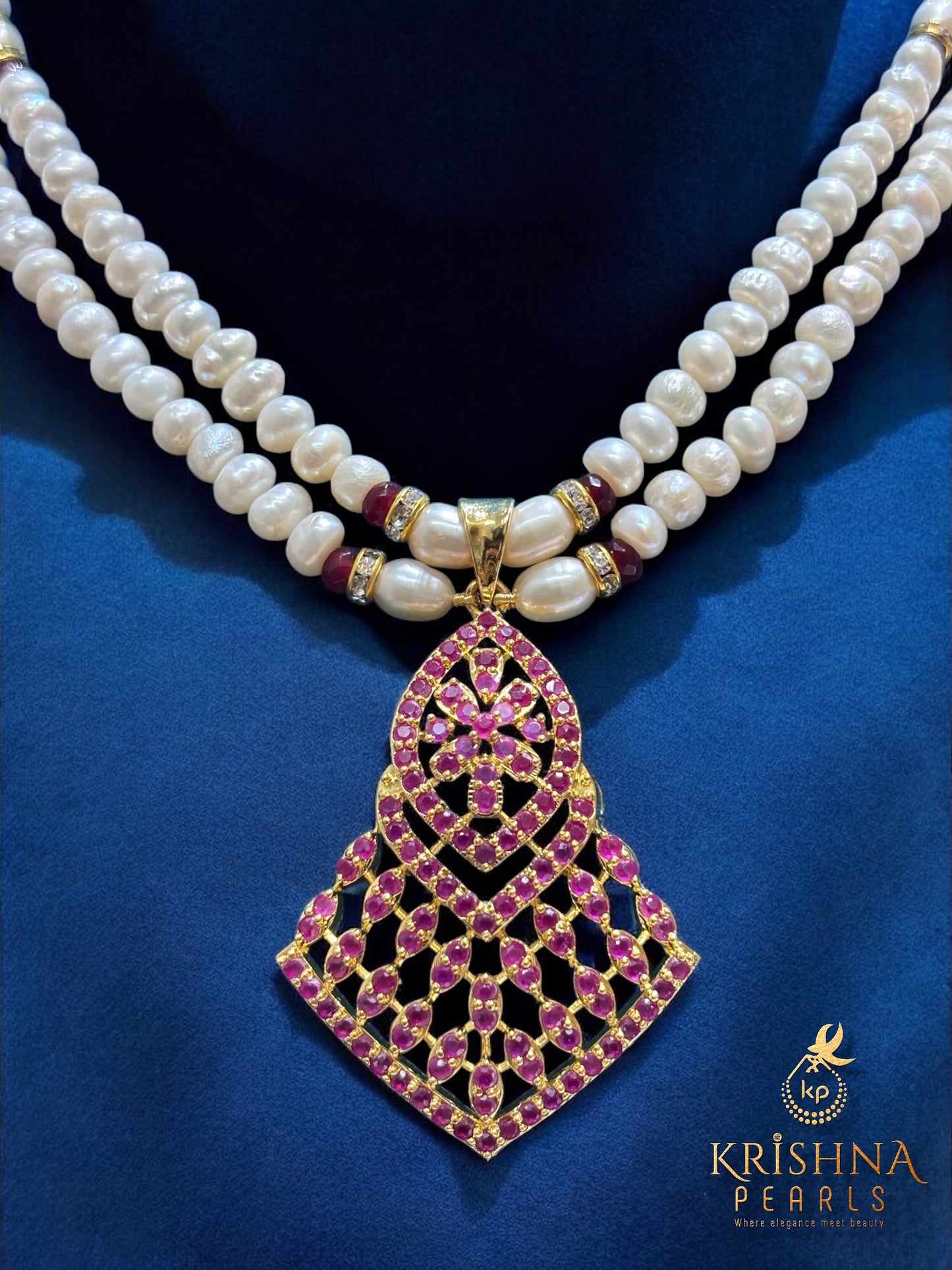Traditional Rubies Studded Two Layers Pearls Necklace Set
