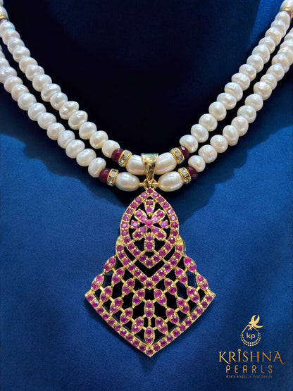 Traditional Rubies Studded Two Layers Pearls Necklace Set