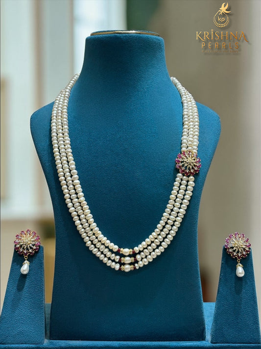 Ruby Rosette Side-Brooch Pearls Necklace Set