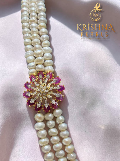 Ruby Rosette Side-Brooch Pearls Necklace Set