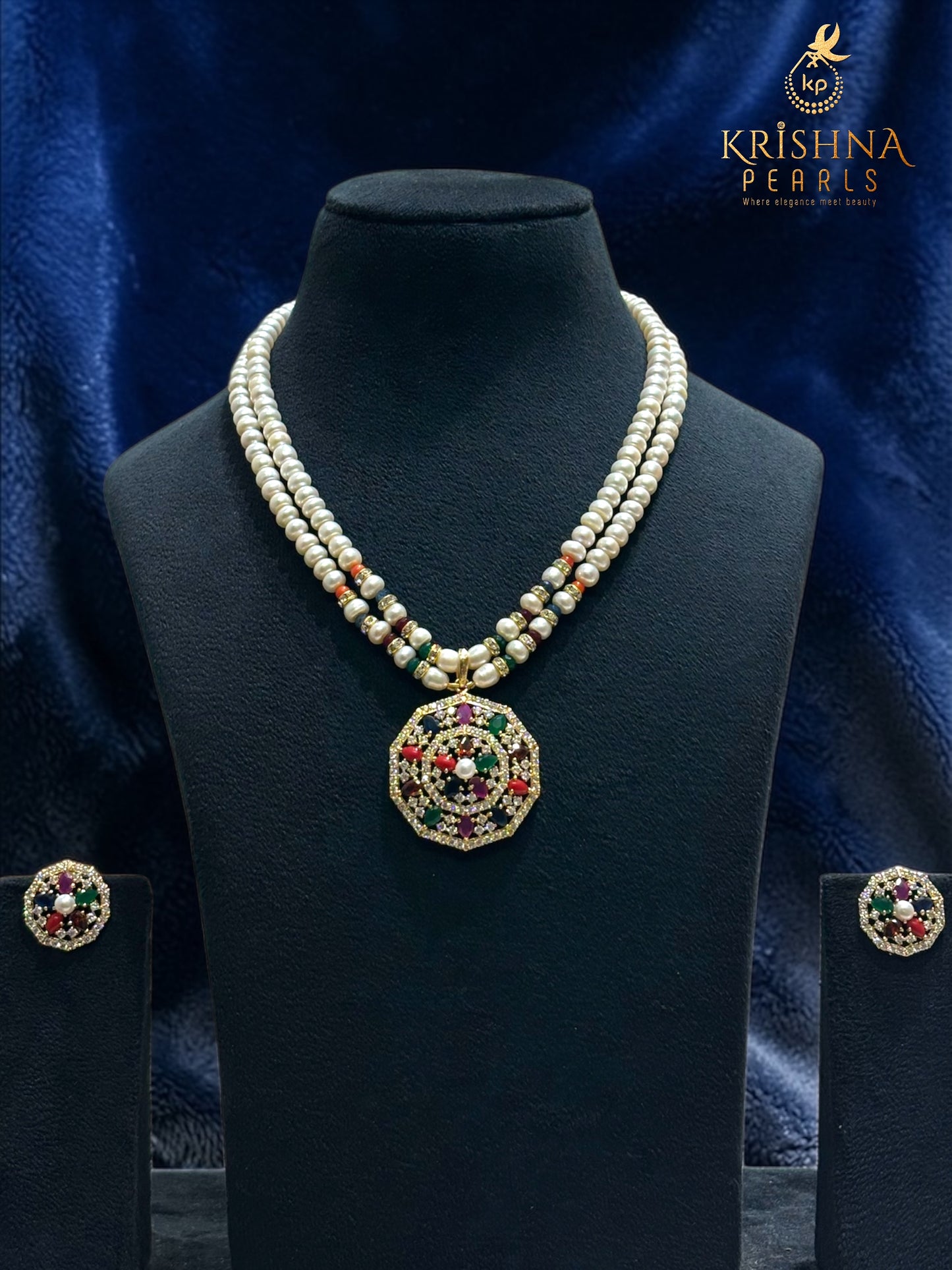 Navratna Bloom Double Layer Pearls Necklace Set
