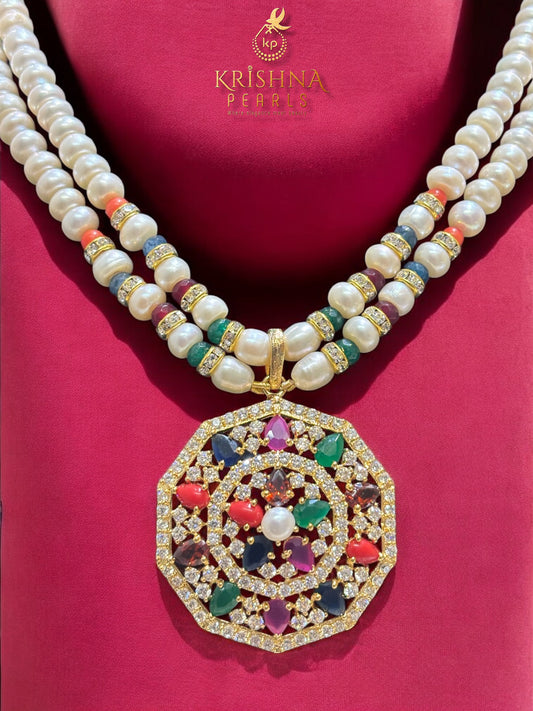 Navratna Bloom Double Layer Pearls Necklace Set