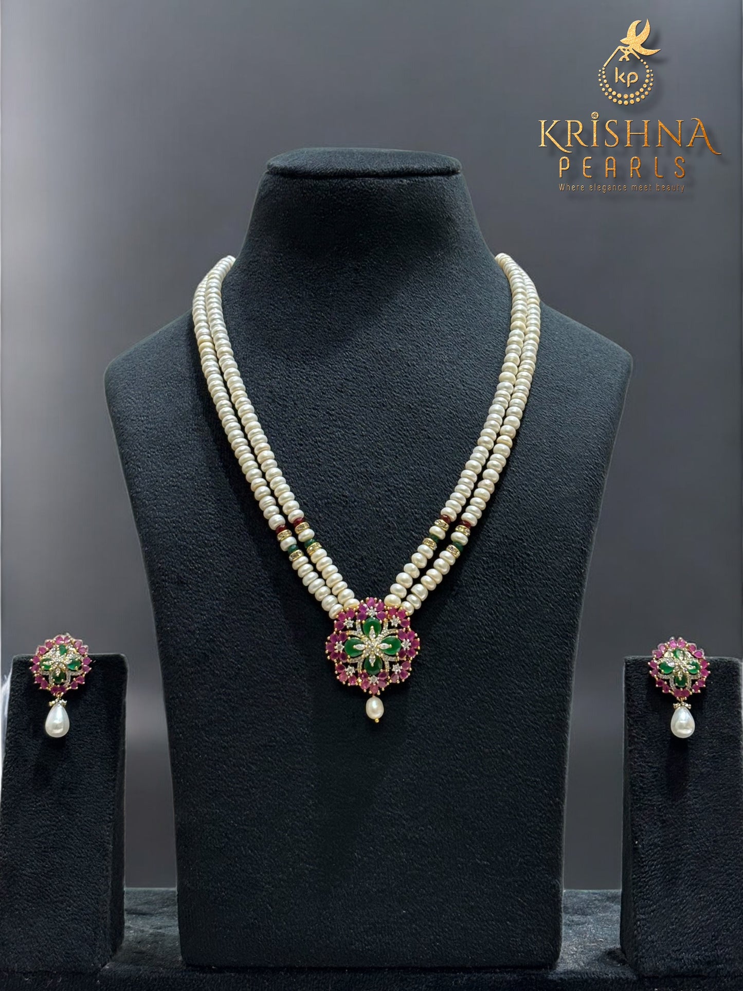 Beautiful Ruby & Emerald Studded Pearls Necklace Set