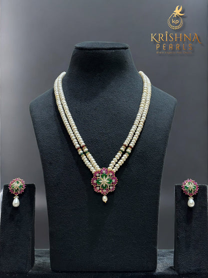 Beautiful Ruby & Emerald Studded Pearls Necklace Set