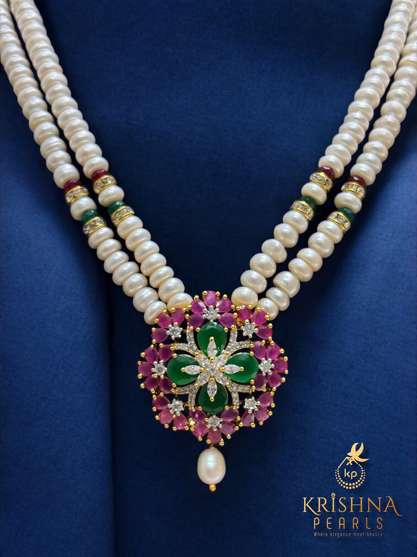 Beautiful Ruby & Emerald Studded Pearls Necklace Set