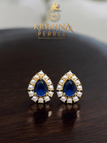 Royal Blue Sapphire & Pearls Studded Earrings