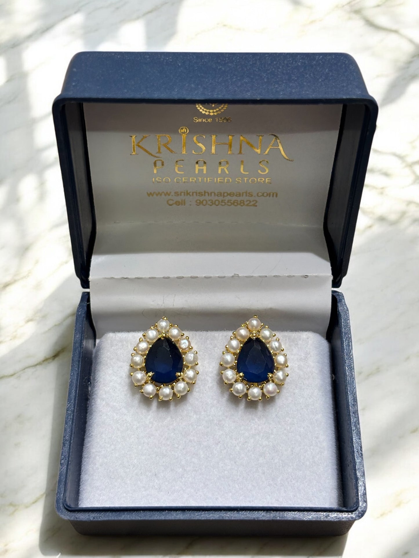 Royal Blue Sapphire & Pearls Studded Earrings
