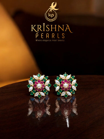 Traditional Ruby Emerald & Pearls Studded Earrings