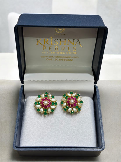 Traditional Ruby Emerald & Pearls Studded Earrings
