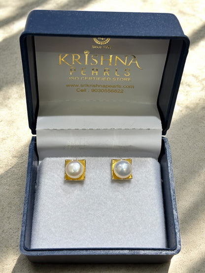 92.5 Post Pin Silver Squared Orbit Pearl Studded Earrings