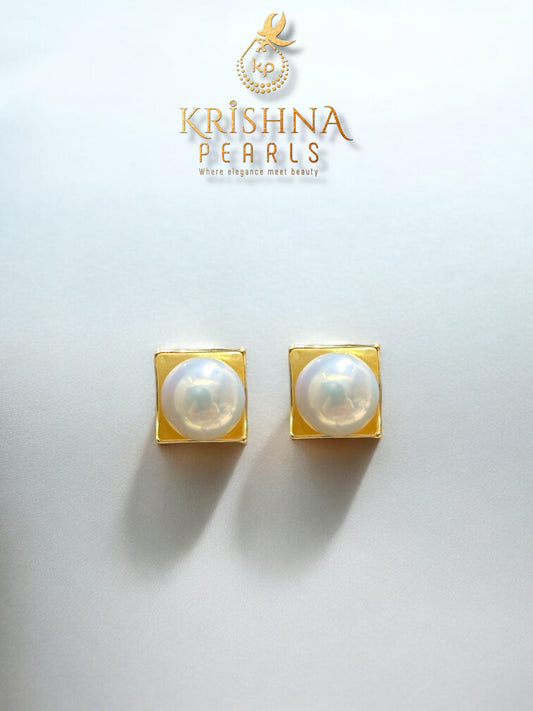92.5 Post Pin Silver Squared Orbit Pearl Studded Earrings