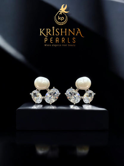 92.5 Silver Post Pin Pearl & Cz Studded Earrings
