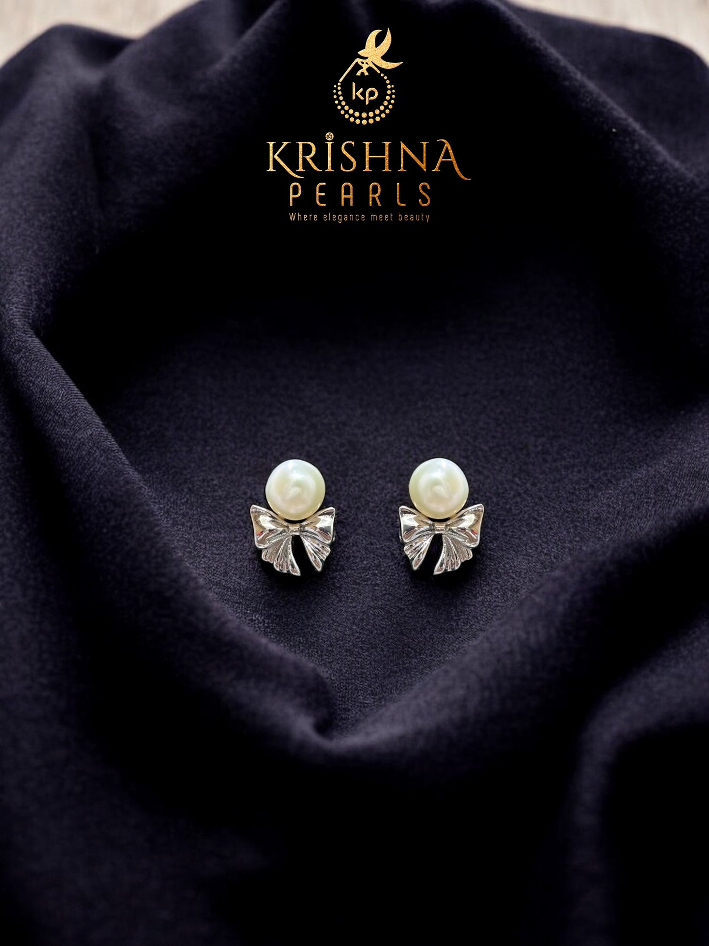 92.5 Silver Post Pin Ribbon Pearl Studded Earrings