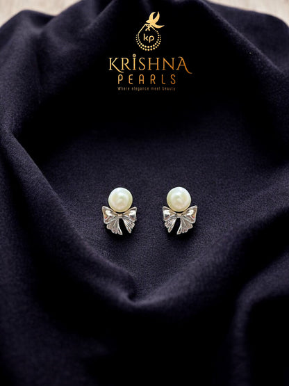 92.5 Silver Post Pin Ribbon Pearl Studded Earrings