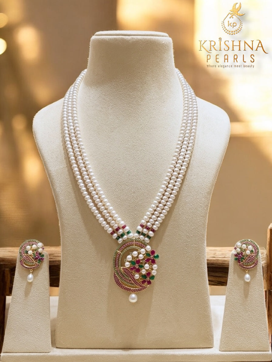 Adorable Ruby Emerals & Pearls Studded Three Line Long Necklace Set