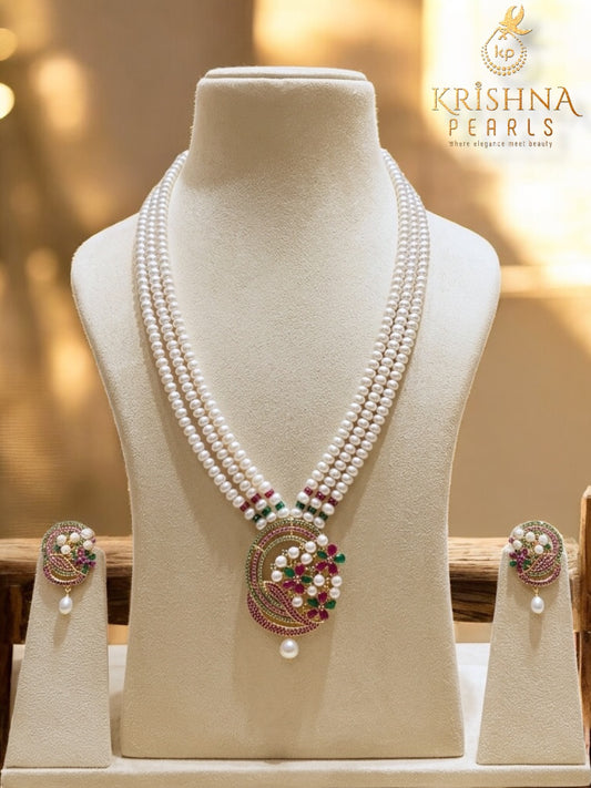 Adorable Ruby Emerals & Pearls Studded Three Line Long Necklace Set