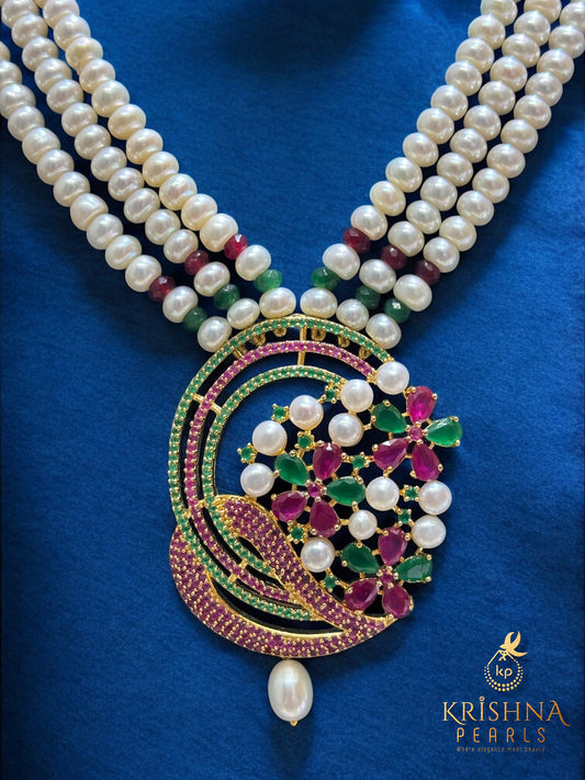 Adorable Ruby Emerals & Pearls Studded Three Line Long Necklace Set