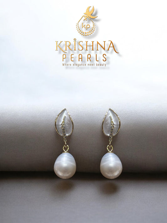 92.5 Silver Post pin Radiant Leaf Pearl  Drop Hangings