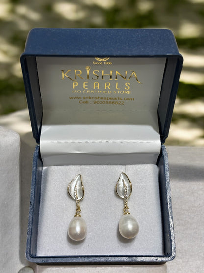 92.5 Silver Post pin Radiant Leaf Pearl  Drop Hangings