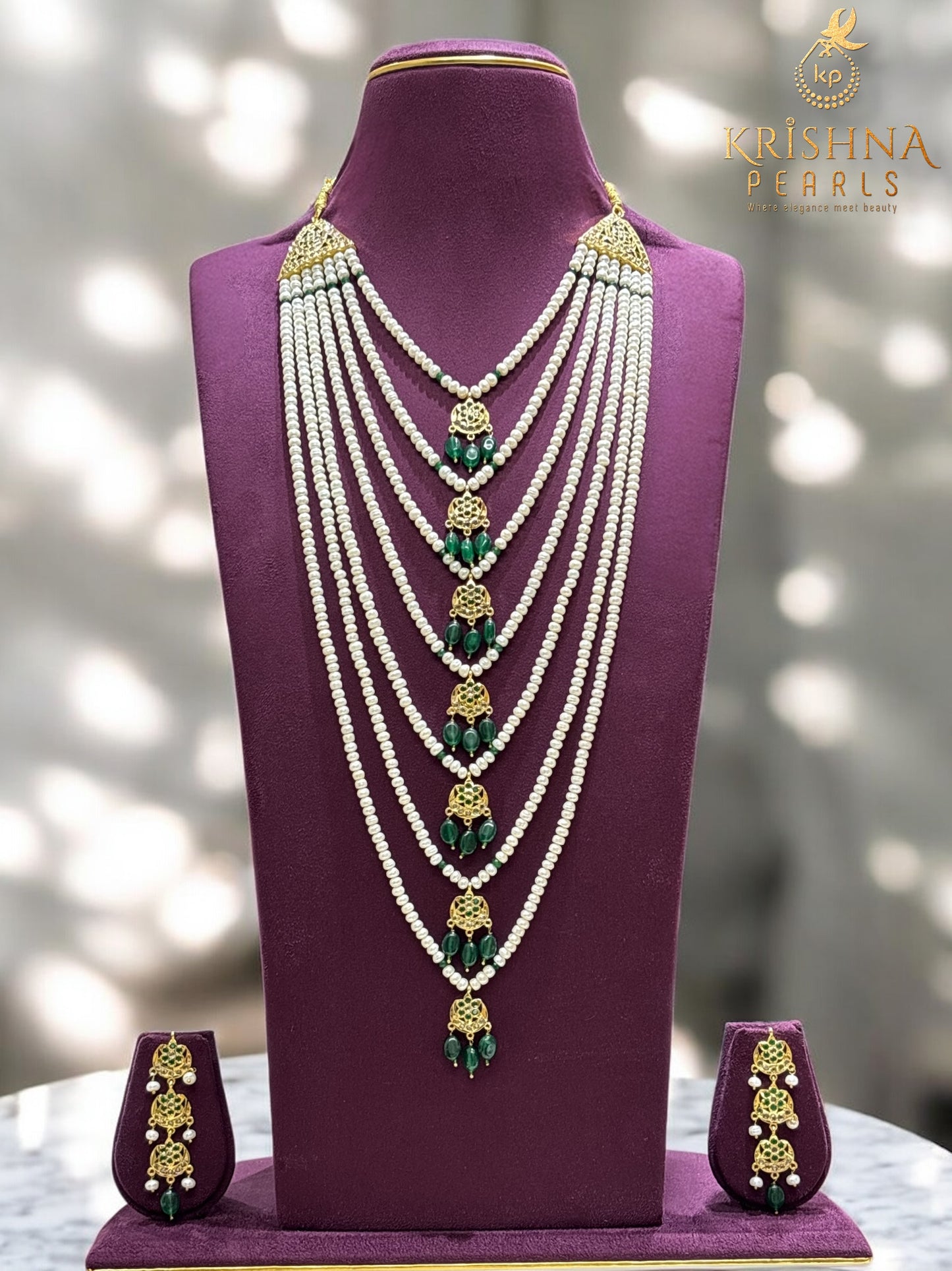 Regal Seven Lada Floral Pearl & Emerald Cascade Necklace Set