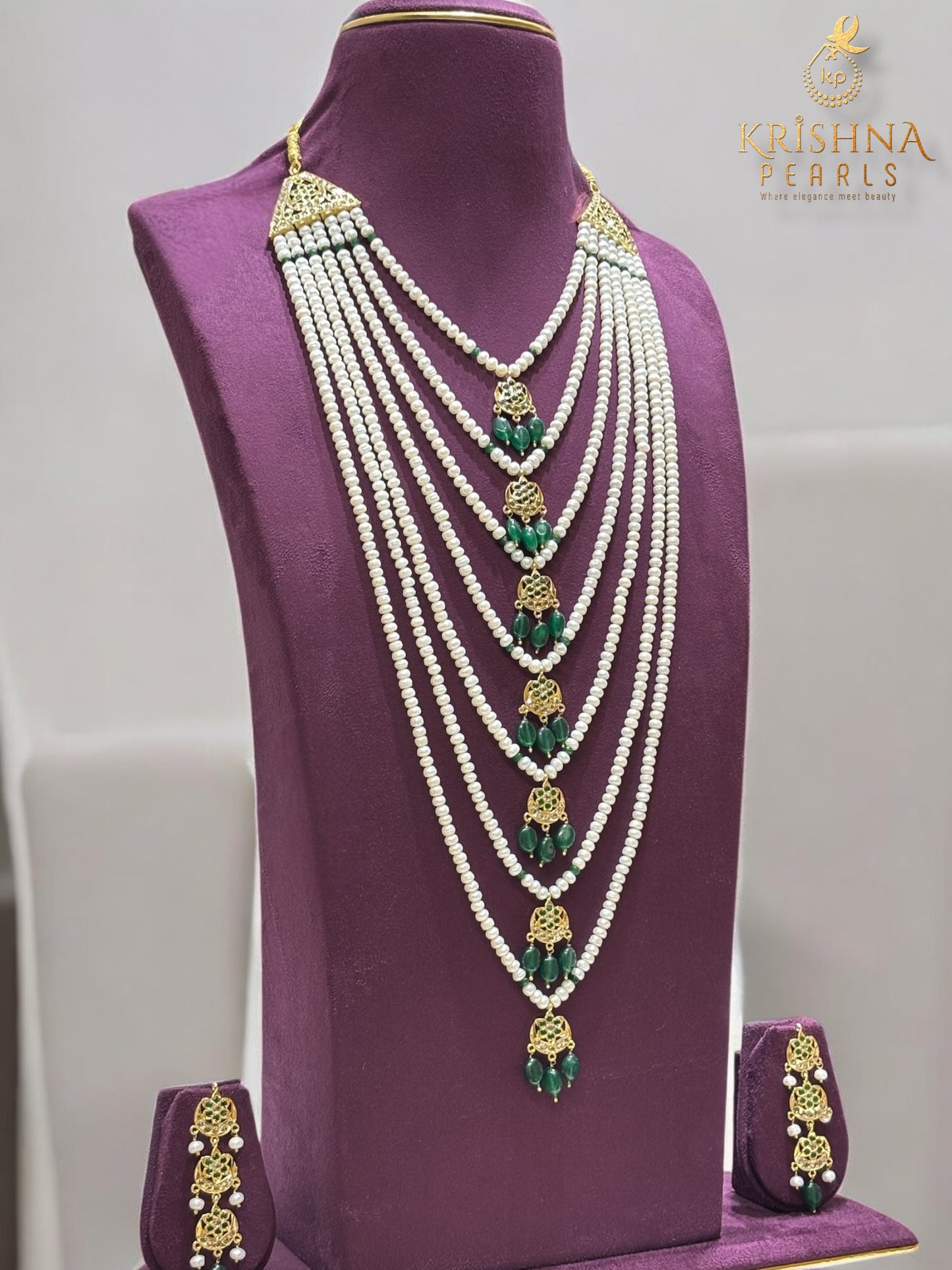 Regal Seven Lada Floral Pearl & Emerald Cascade Necklace Set