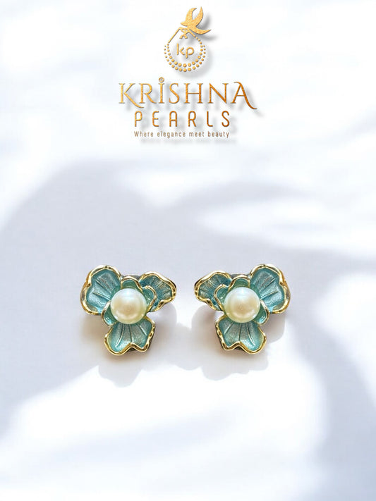 Adorable Teal Floral Pearl Studs
