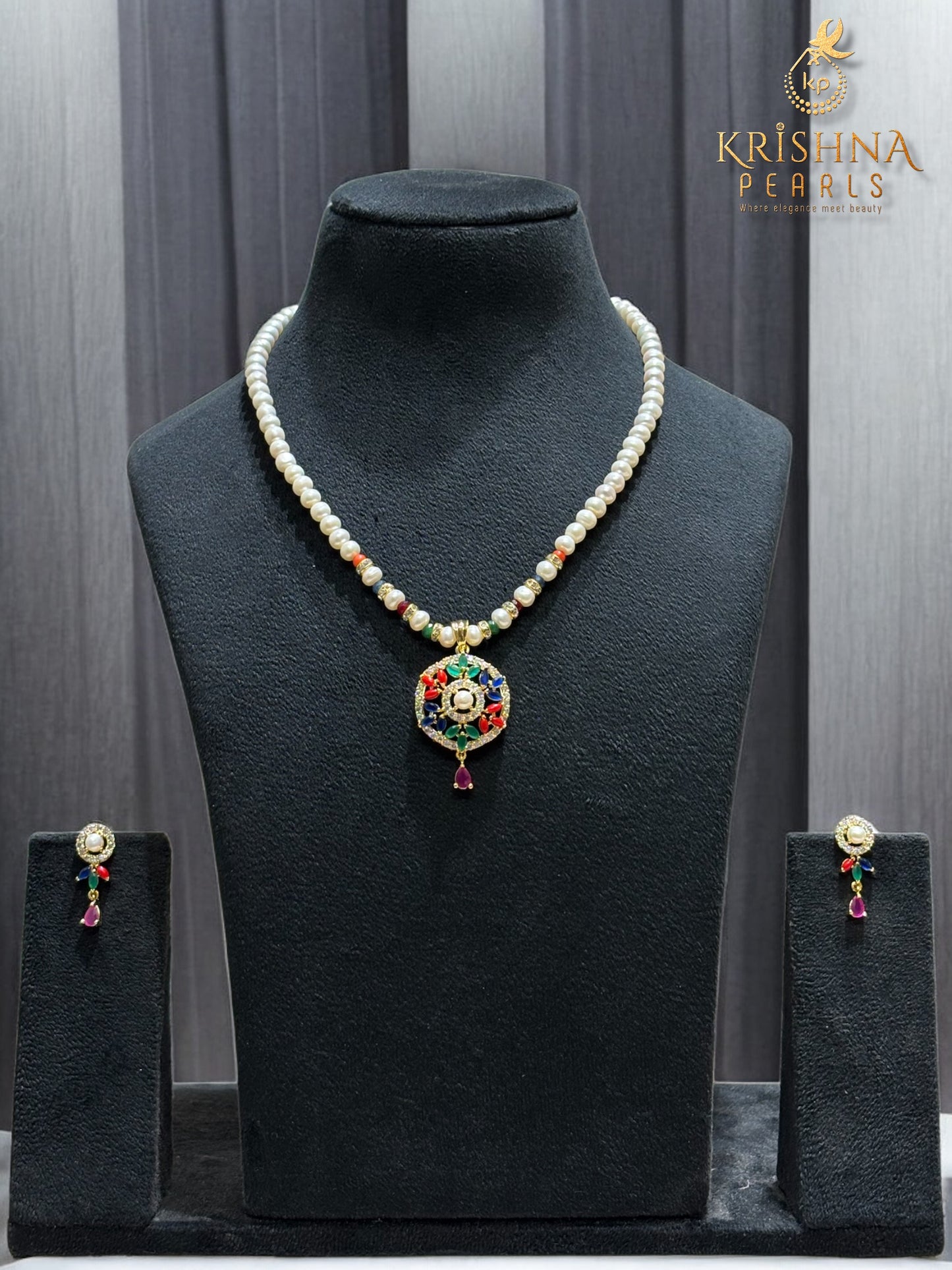 Exclusive Single Line Pearl Necklace with Navratna Locket by Krishna Pearls, Hyderabad