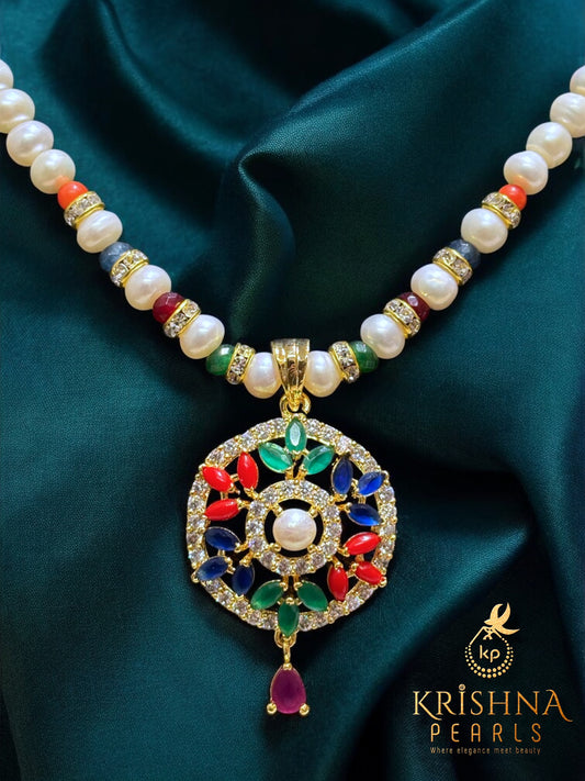 Exclusive Single Line Pearl Necklace with Navratna Locket by Krishna Pearls, Hyderabad