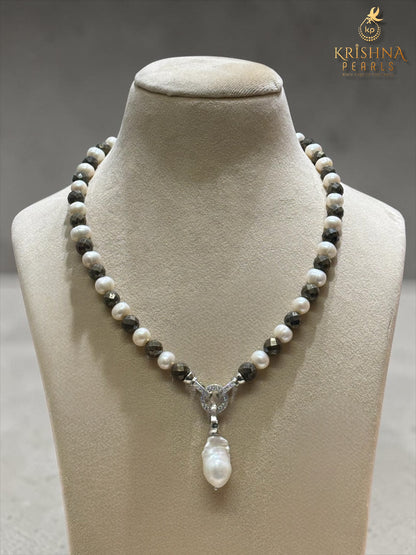 Pyrite Stone & Pearl Drop Necklace Set