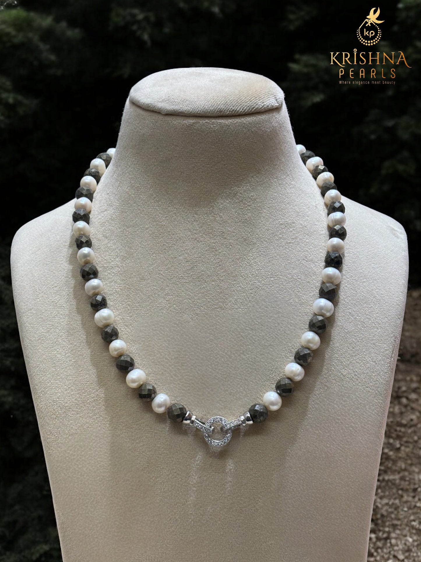 Pyrite Stone & Pearl Drop Necklace Set