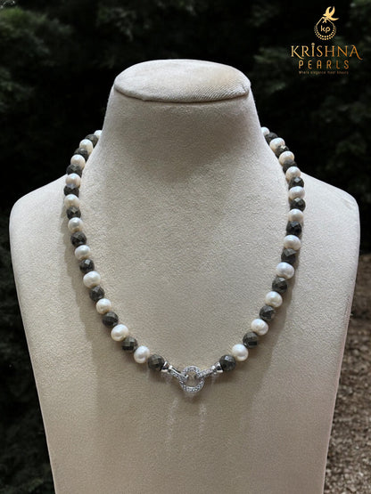 Pyrite Stone & Pearl Drop Necklace Set
