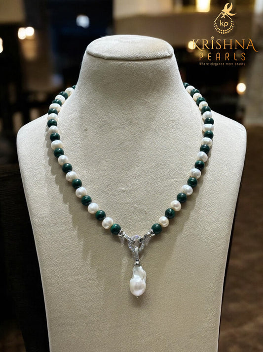 Beautiful Malachite & Pearls Necklace Set Detachable Locket Multi Wear