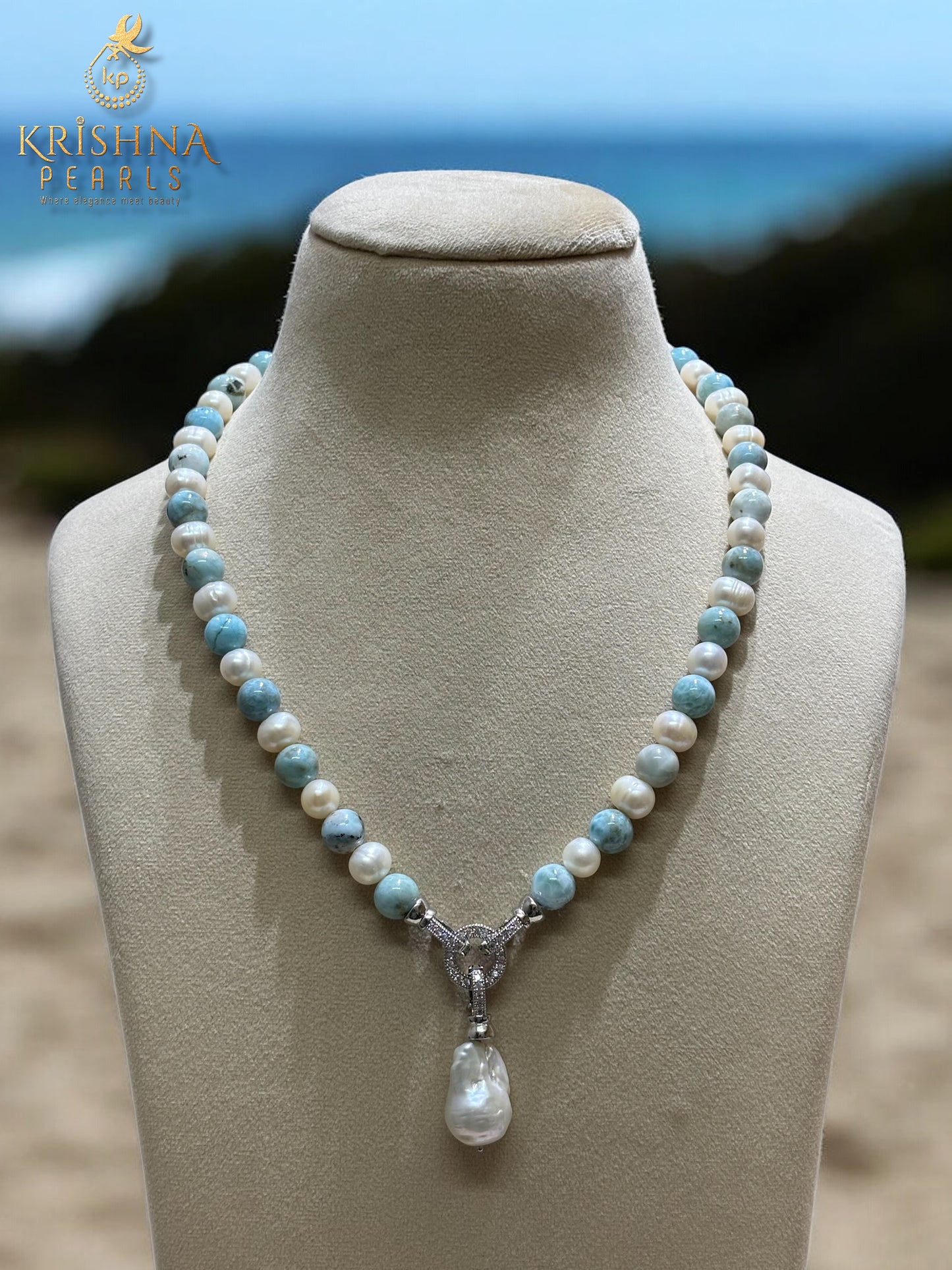 Adorable Larimar & Pearls Necklace Set