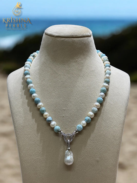 Adorable Larimar & Pearls Necklace Set