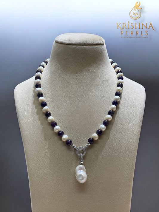 Beautiful Amethyst & Pearls Necklace Set Detachable Locket