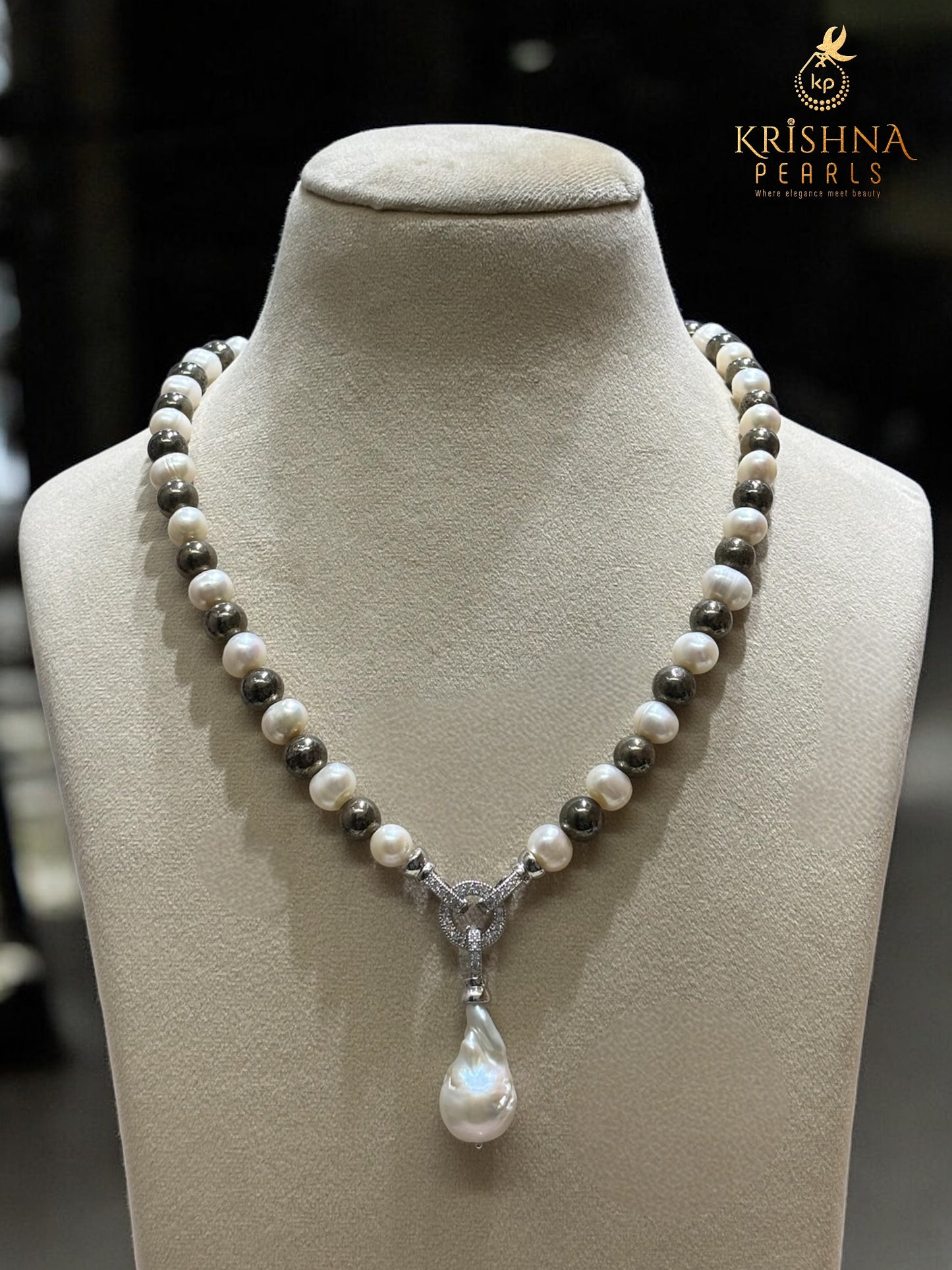 Buy Original Pyrite Stone & Pearl Drop Necklace Set