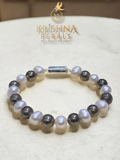 Buy Raw Pyrite Stone & Pearls Bracelet
