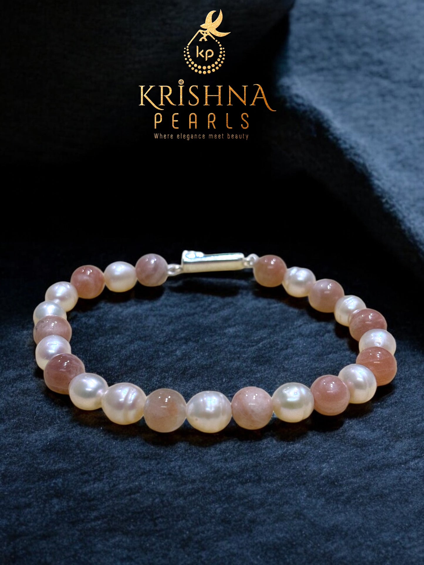 Adorable Peach MoonStone & Pearls Bracelet