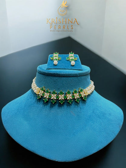 Elegant Emerald Studded Button Pearls Choker Set