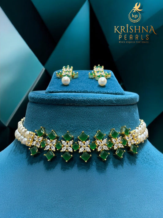 Elegant Emerald Studded Button Pearls Choker Set
