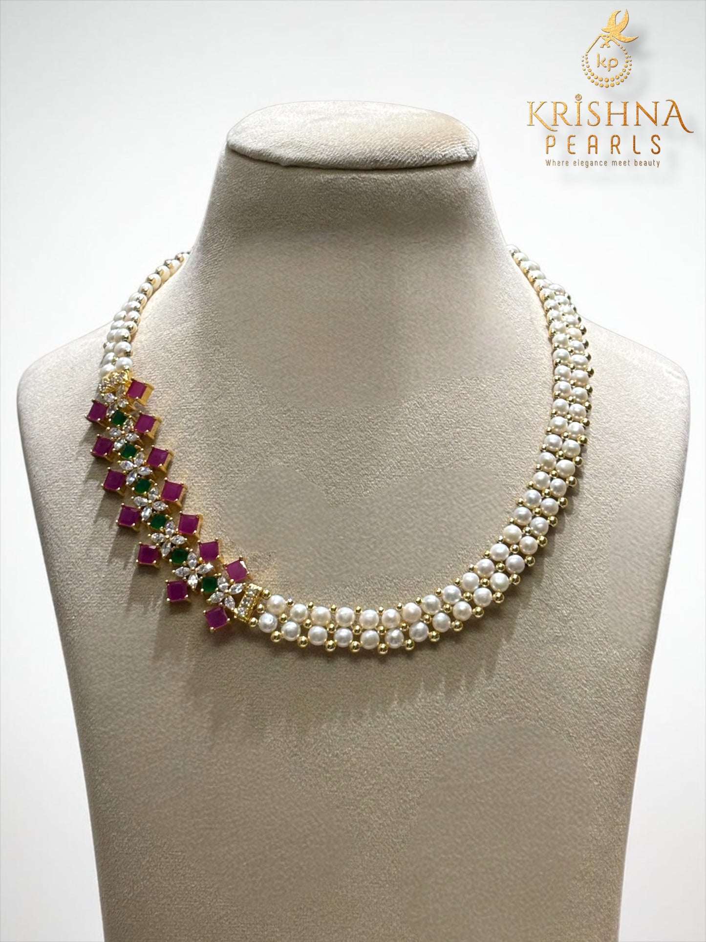 Royal Ruby & Emerald Button Pearl Necklace Set