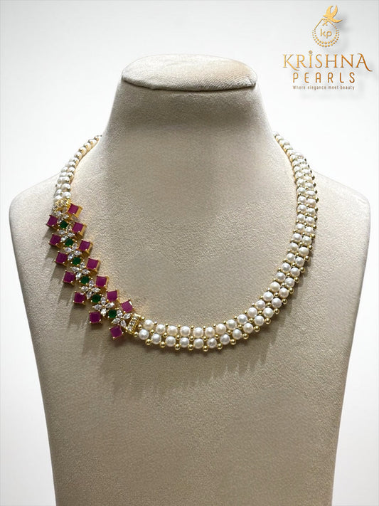Royal Ruby & Emerald Button Pearl Necklace Set
