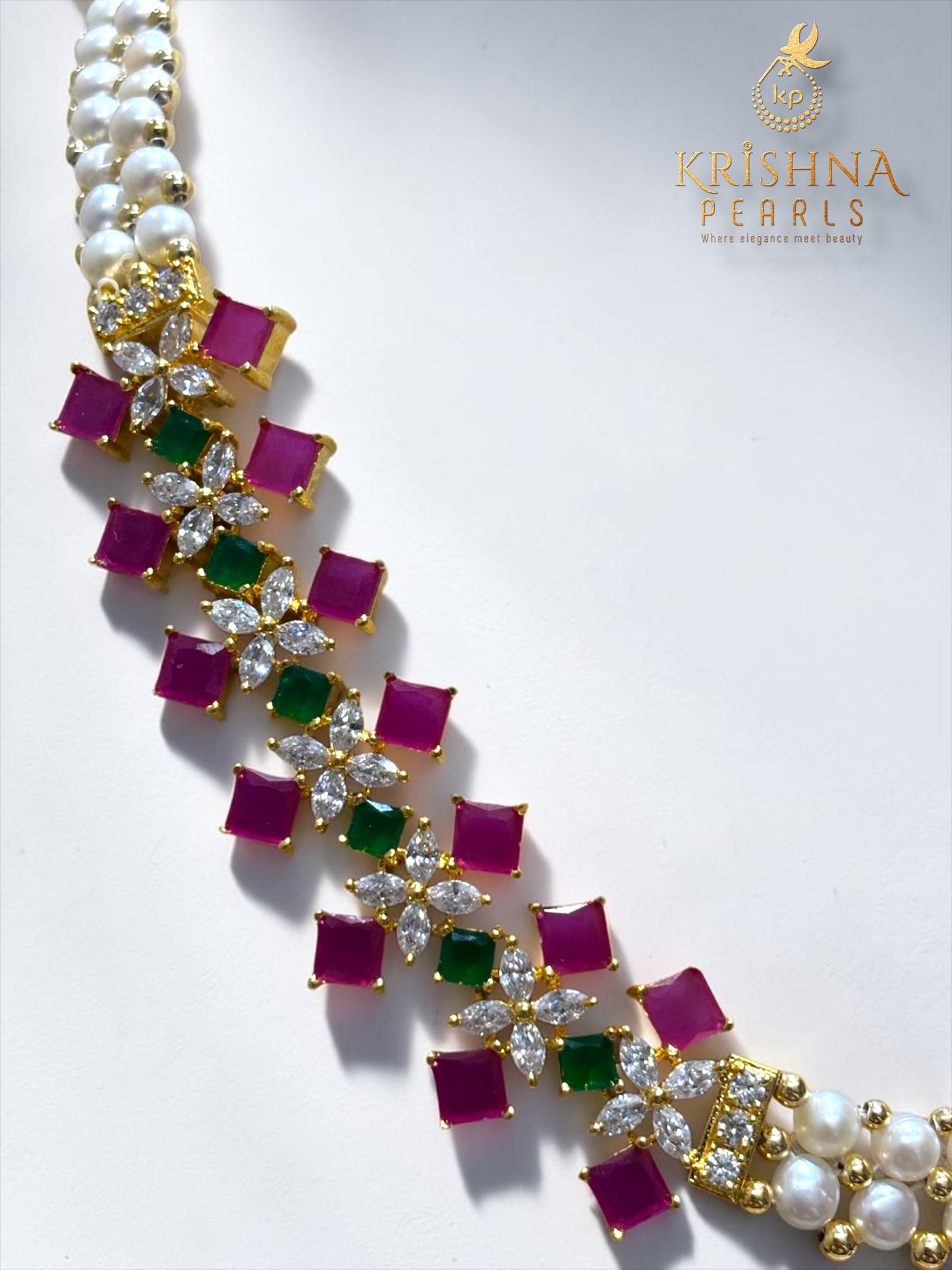 Royal Ruby & Emerald Button Pearl Necklace Set