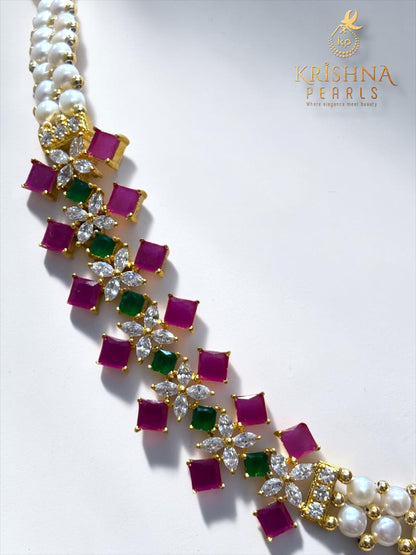 Royal Ruby & Emerald Button Pearl Necklace Set
