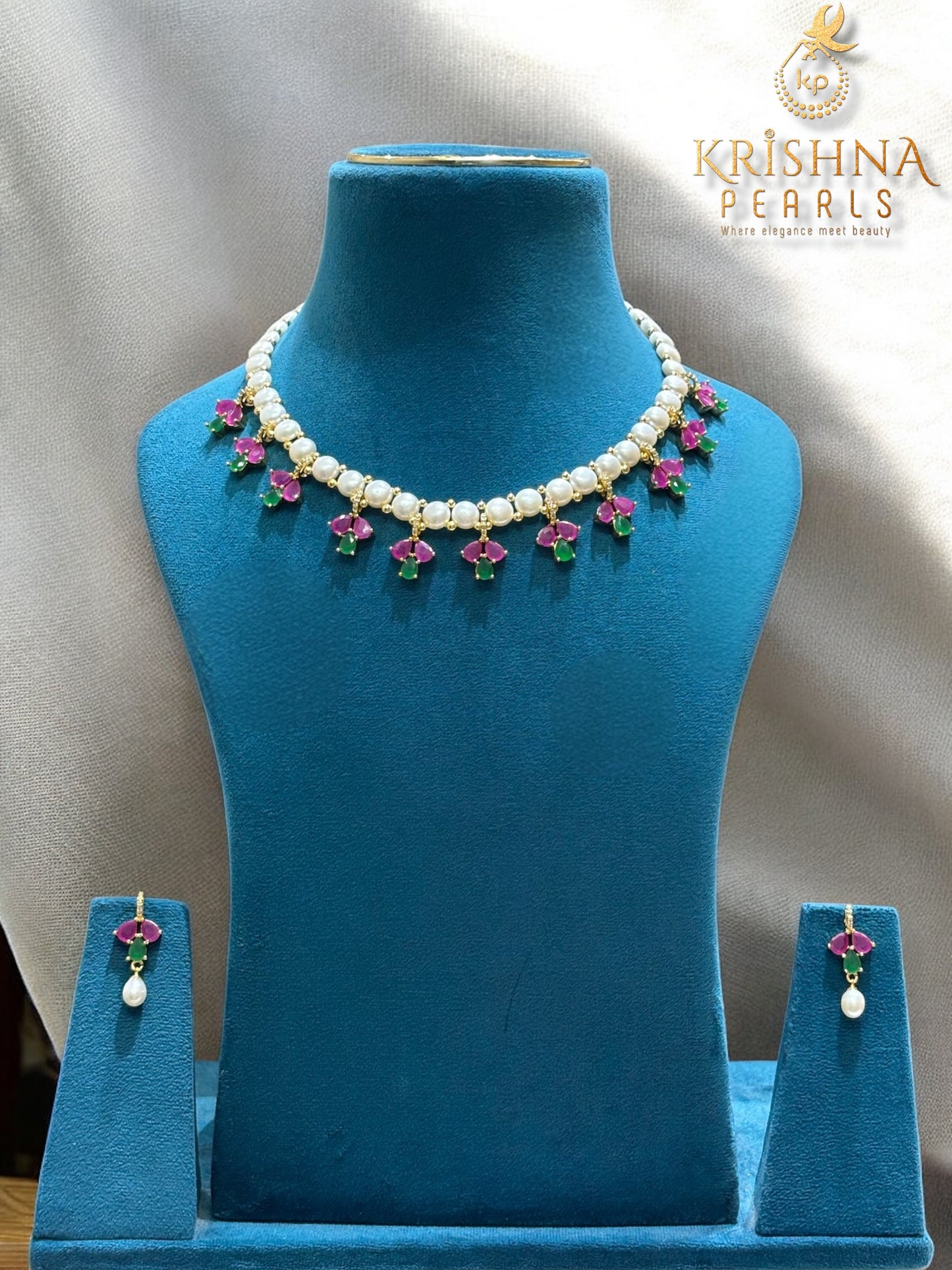 Ruby & Emerald Button Pearls Studded Necklace Set
