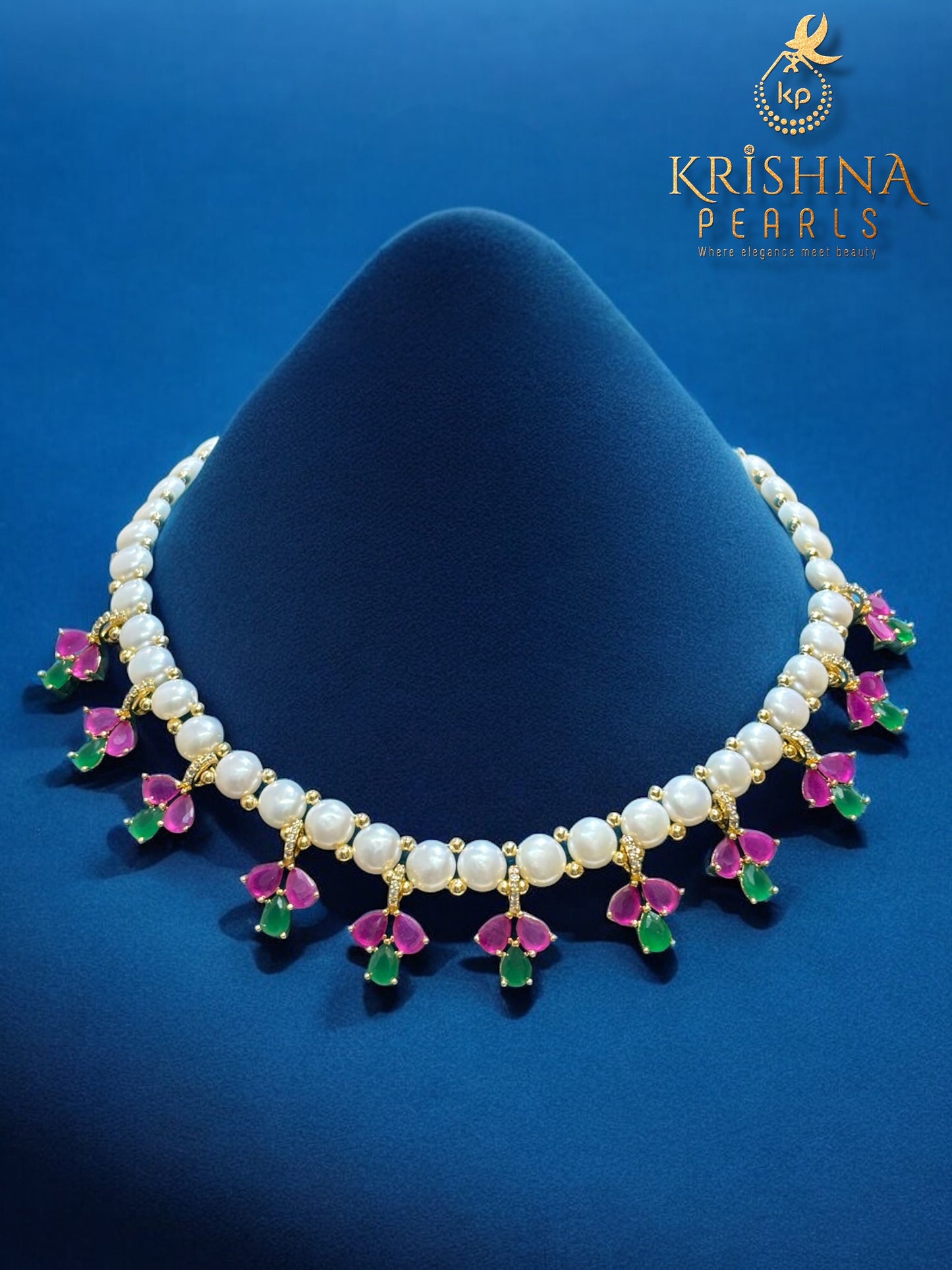 Ruby & Emerald Button Pearls Studded Necklace Set