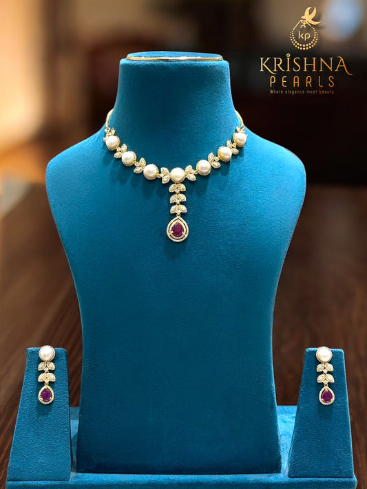 Lustrous Petal Ruby Drop & Pearls Necklace Set