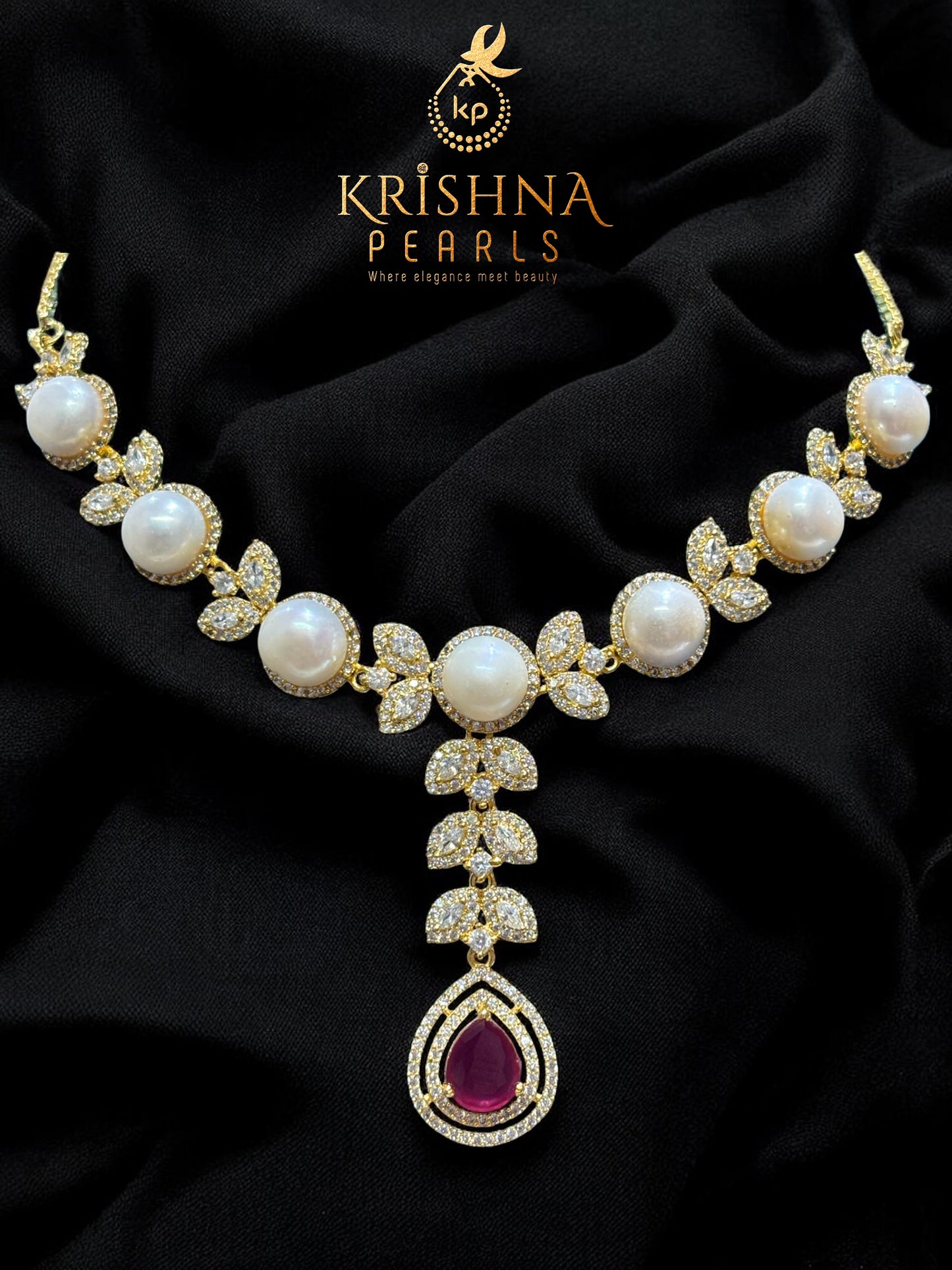 Lustrous Petal Ruby Drop & Pearls Necklace Set