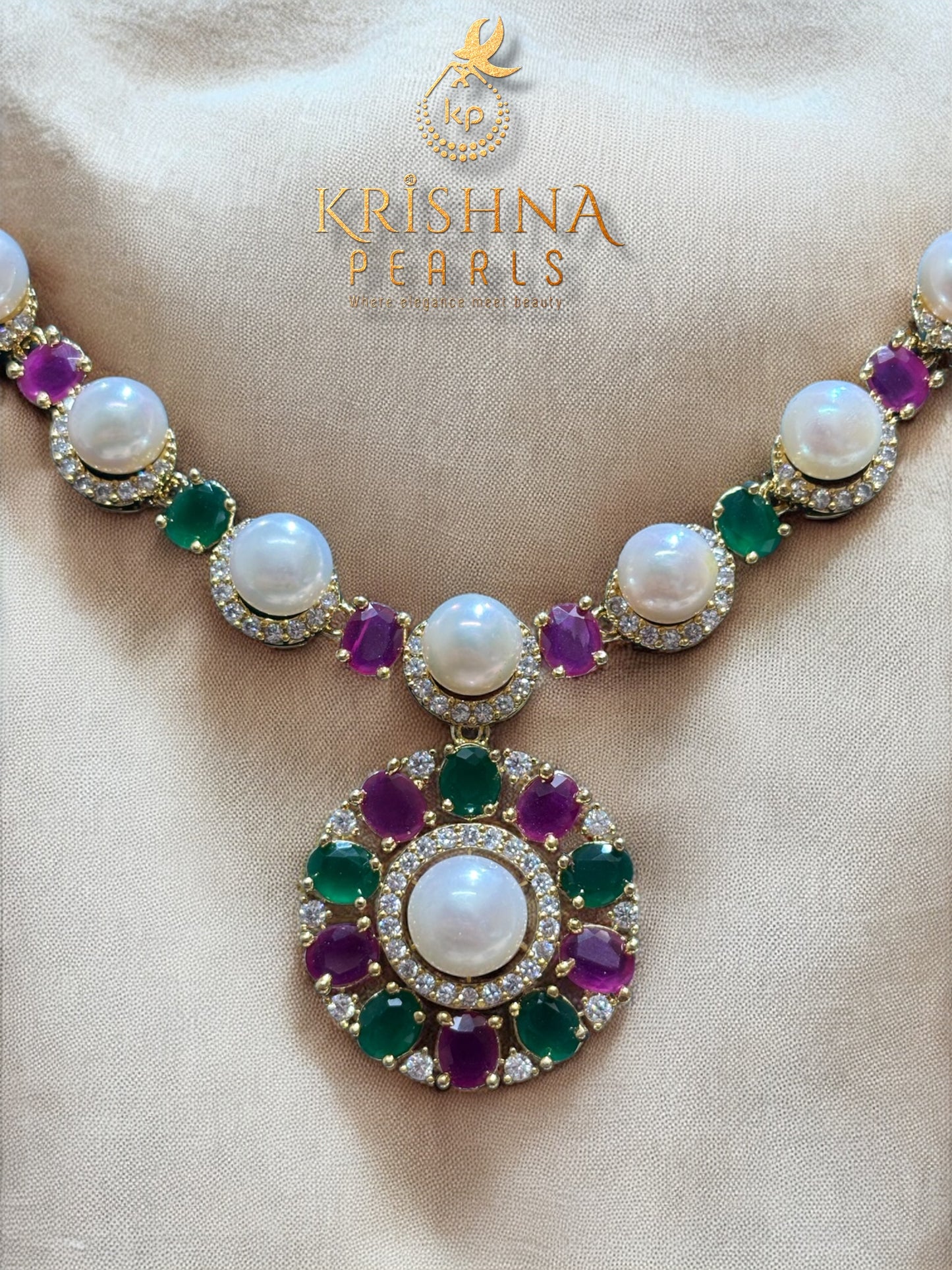 Floral Grace Ruby & Emeralds Pearls Studded Necklace Set